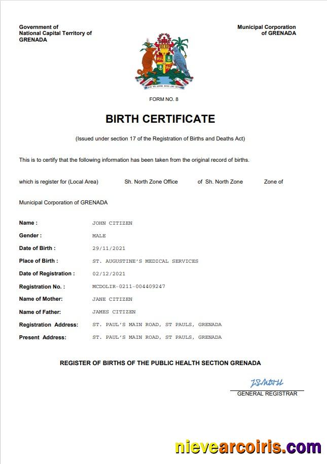 Grenada vital record birth certificate